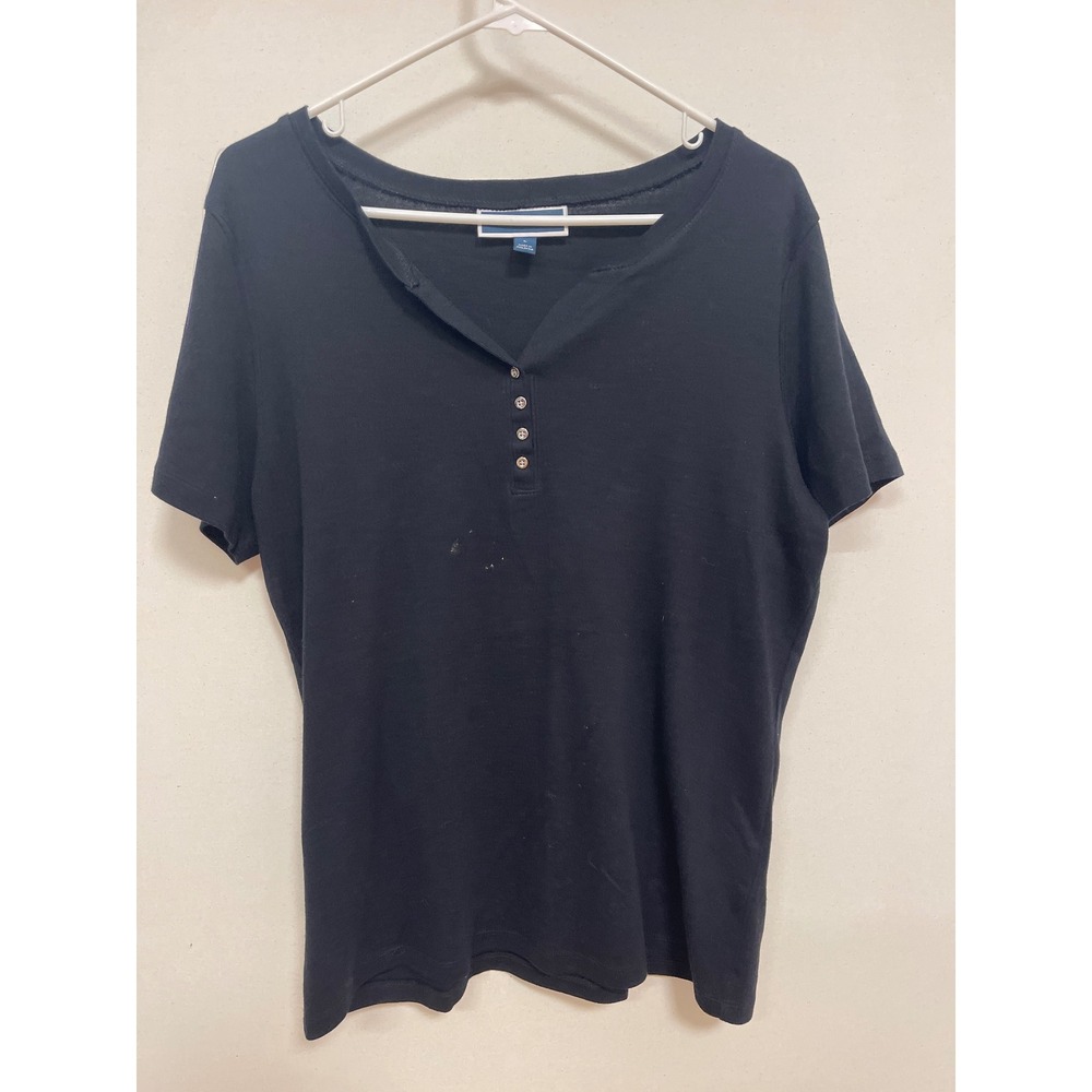 Karen Scott Womens Black Short Sleeve Henley Ribbed Cotton Top Size Large